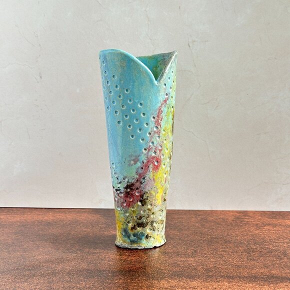 Studio Pottery Vase 8", Blue Yellow Pierced Ceramic - Picture 3 of 9